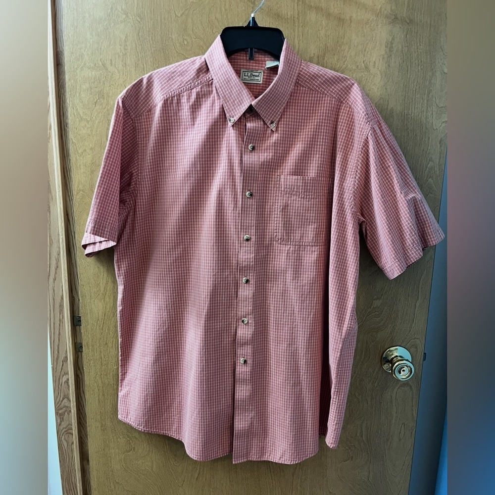 L.L. Bean Men's Redish / Orange Checkered Shirt Button Down SZ  XL Short Sleeve